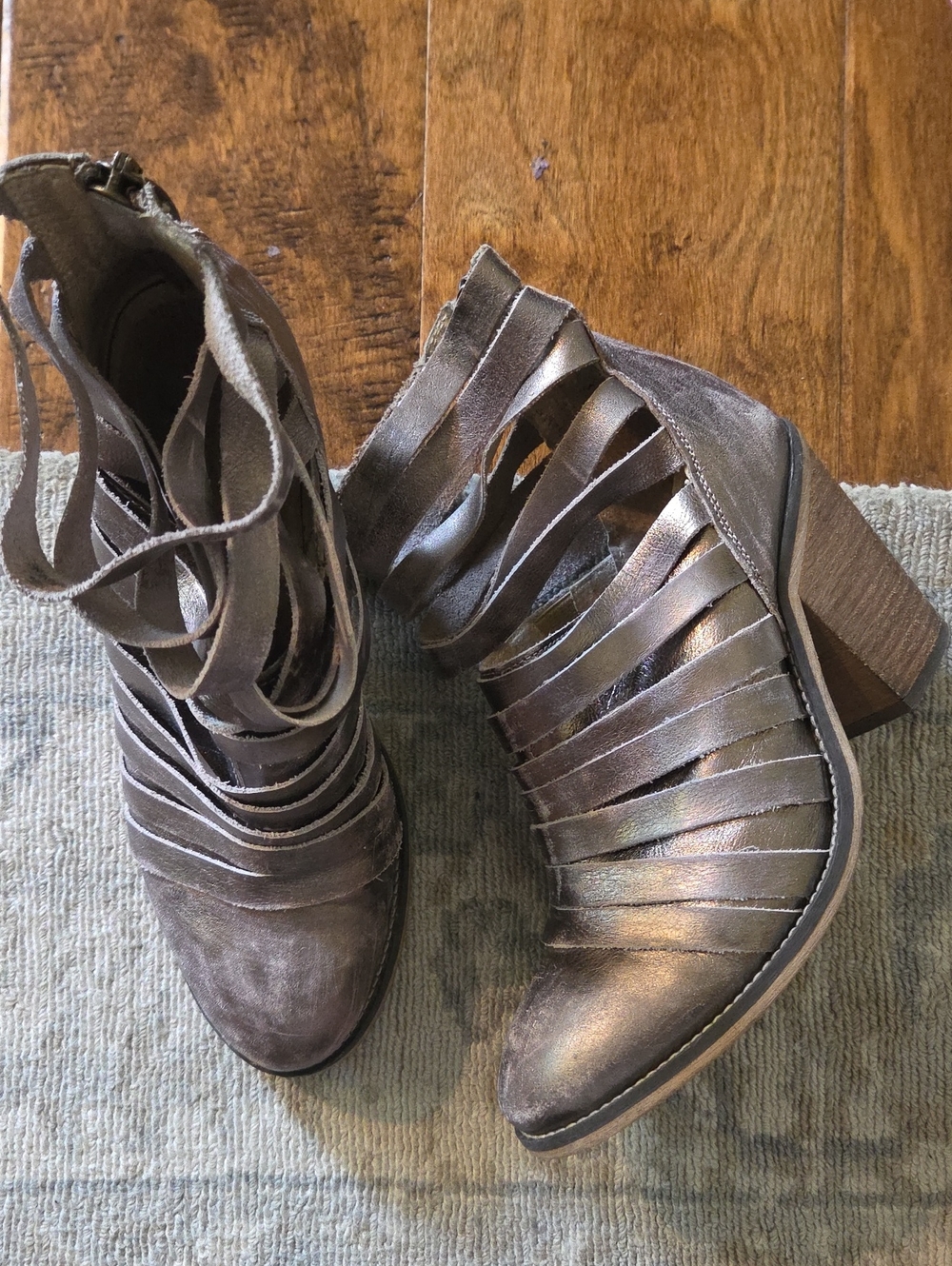 Free People Metallic Taupe Strappy Block Heel Booties